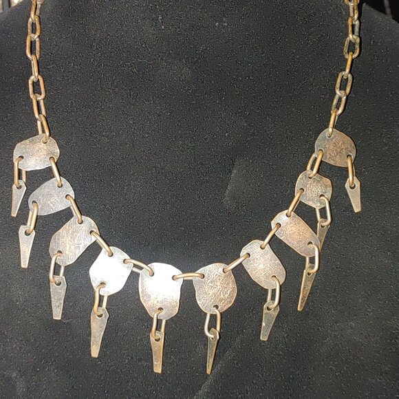 Vintage Brass Bib Necklace Etched Abstract Adjustable Chain Tribal Statement - Picture 9 of 16